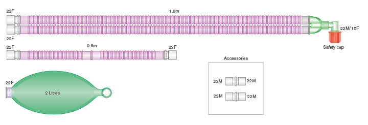 22mm Flextube™ Silver Knight™ anti-microbial breathing system with 2 L bag, and limb, ≥ 1.6m 