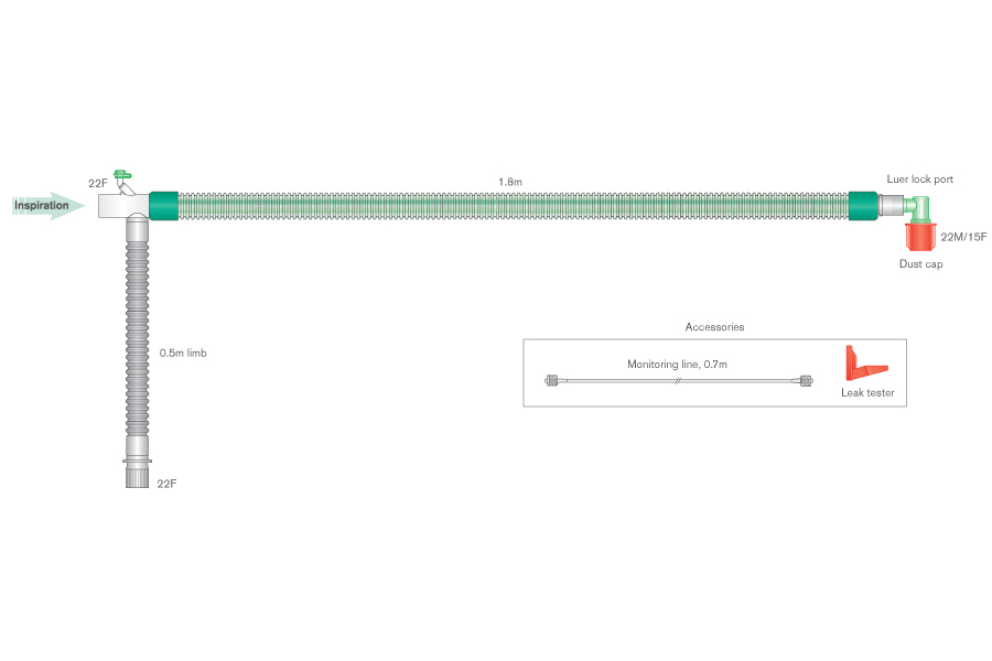 22mm DuoFlow™ breathing system with luer connector, integral monitoring line, and elbow, ≥ 1.8m