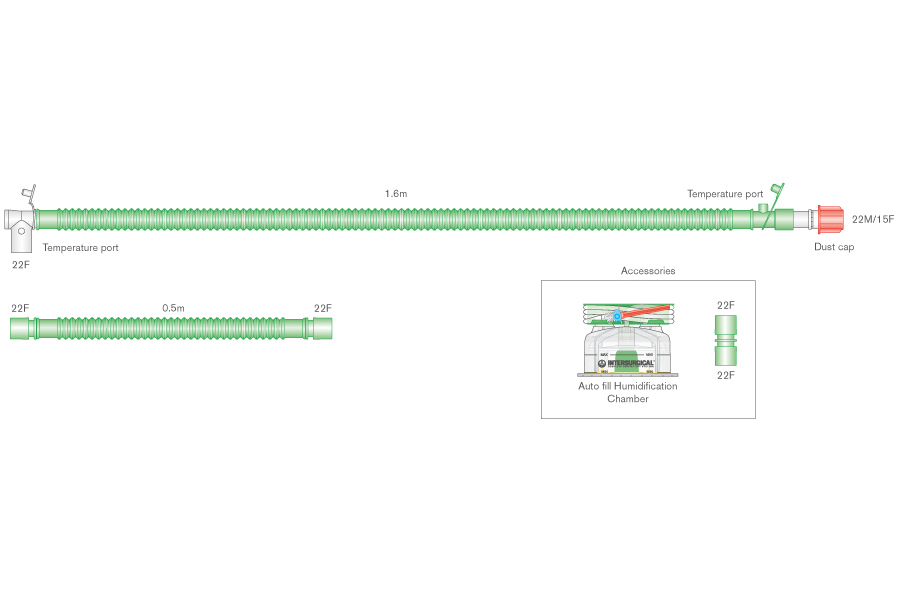 22mm Flextube bilevel heated wire breathing system with swivel patient connector, auto-fill chamber and extra limb. ≥ 1.6m