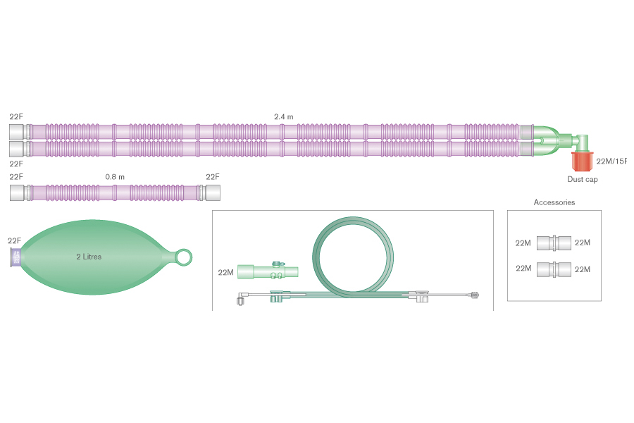 22mm Flextube™ Silver Knight™ anti-microbial breathing system for use with Aisys®, Avance® and Aespire® Carestation® with 2 L bag, spirometry set, and limb, ≥ 2.4m