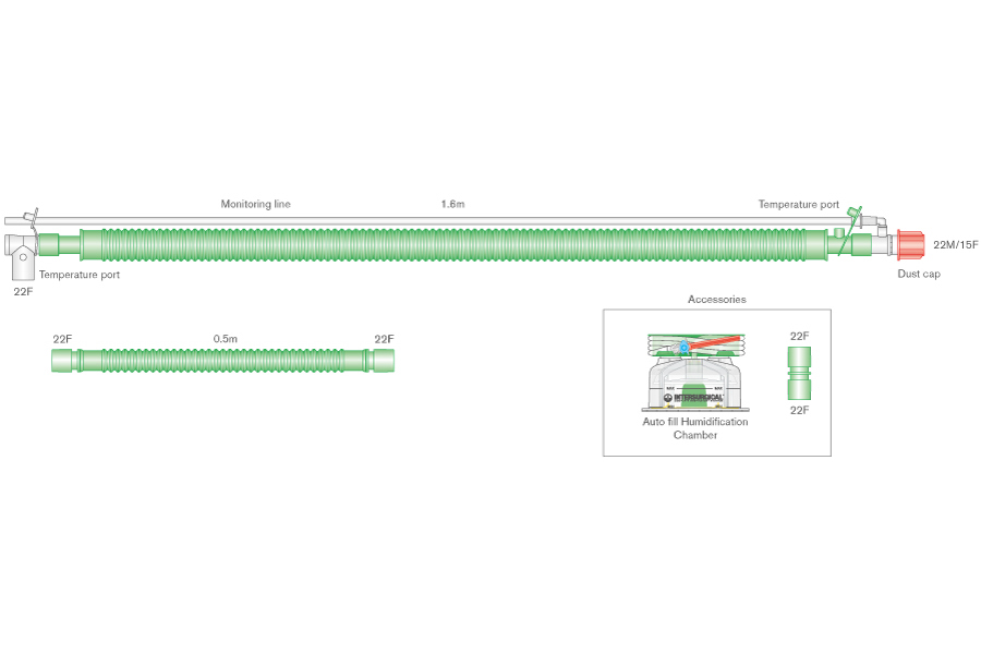 30mm Flextube bilevel heated wire breathing system with swivel patient connector, monitor line, auto-fill chamber and extra limb. ≥ 1.6m