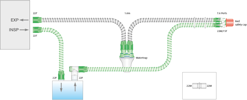 15mm Smoothbore single heated wire breathing system with water trap and extra limb. ≥ 1.6m